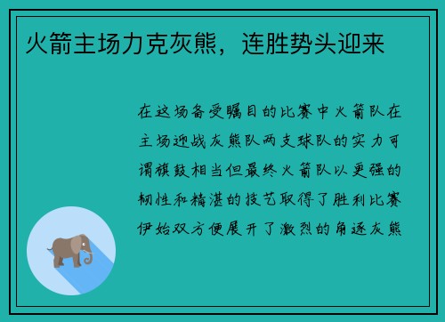 火箭主场力克灰熊，连胜势头迎来